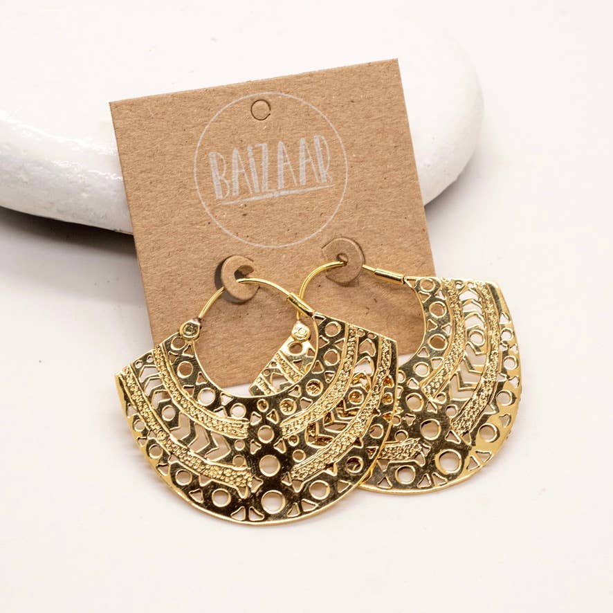 Baizaar - Brass Boho Decorated Circle Earrings